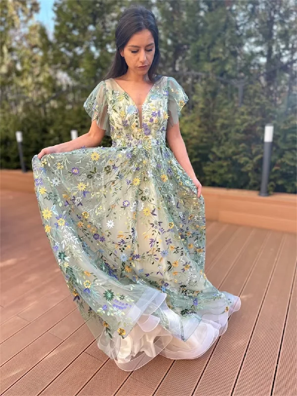 Beaded DressGreen Lace Embroidery Tulle Prom Dresses A-line Tulle فساتين سهرة V-neck Floor-length Short Sleeves Vestidos De Fiesta