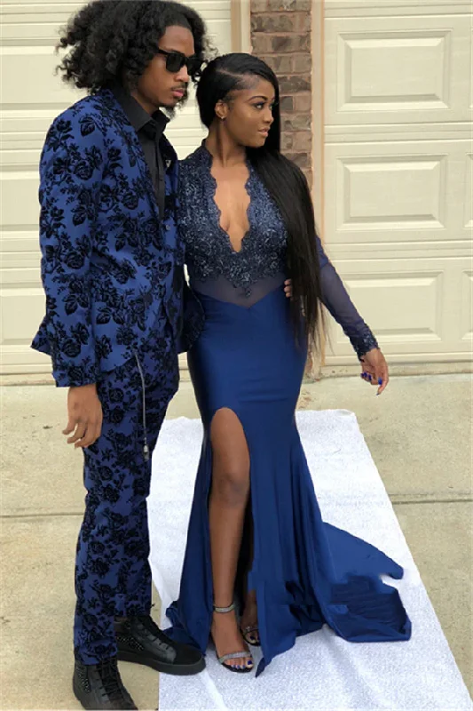 women's satin dressesNavy Blue Long Sleeve V Neck Applique Split Front Mermaid Prom Dresses Y573 women's satin dressesNavy Blue Long Sleeve V Neck Applique Split Front Mermaid Prom Dresses Y573