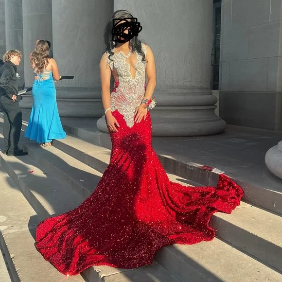 Peter Pan Collar DressRed sparkly mermaid prom dress