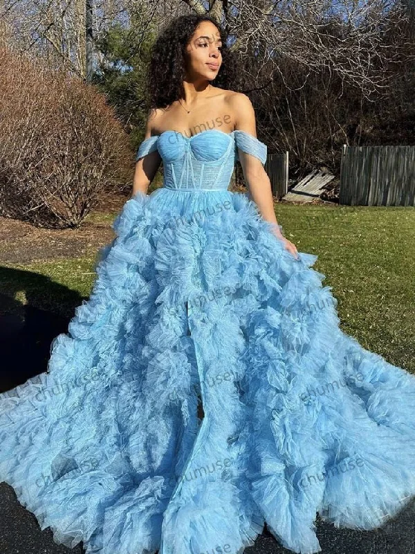 women's handmade dressesA Line Off the Shoulder Ruffled Tulle Prom Dress with Slit