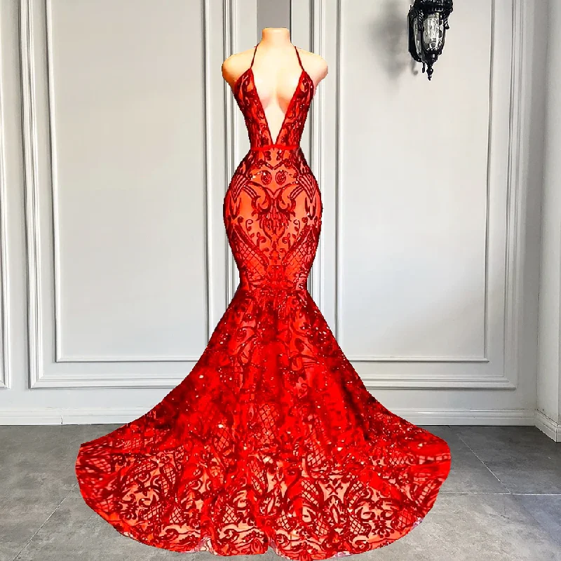 Floral DressLong Sexy Prom Dress Halter Mermaid Style Backless Sparkly Red Sequin Black Girls Prom Gala Gowns