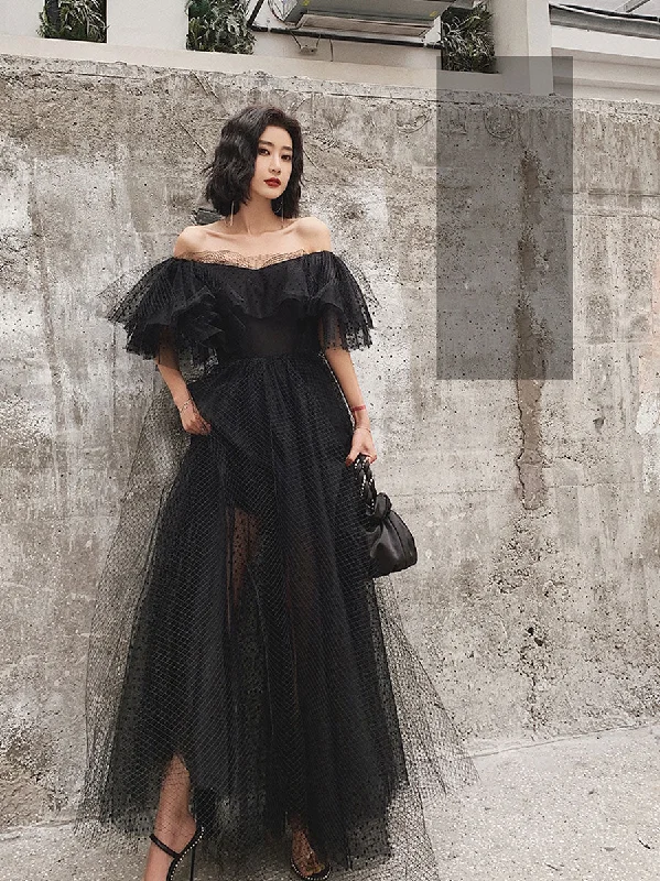 women's ruffle dressesBlack Tulle Long Prom Dress, Formal Dress Black Graduation Dresses Y513
