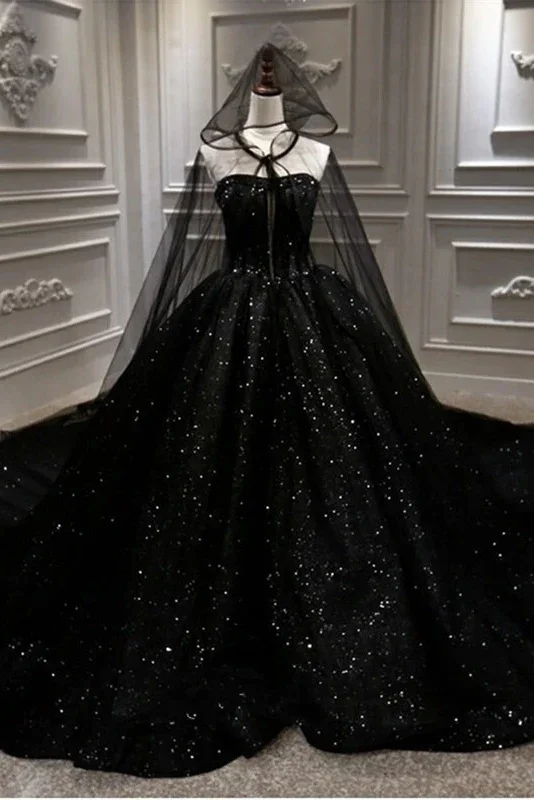 Laced DressSequin Shiny Strapless Black Ball Gown Princess Prom Dress