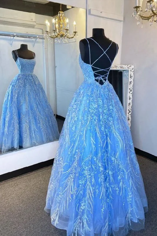 women's satin dressesElegant Straps Blue Appliqued Formal Dress A-line Prom Dress Y185 women's satin dressesElegant Straps Blue Appliqued Formal Dress A-line Prom Dress Y185