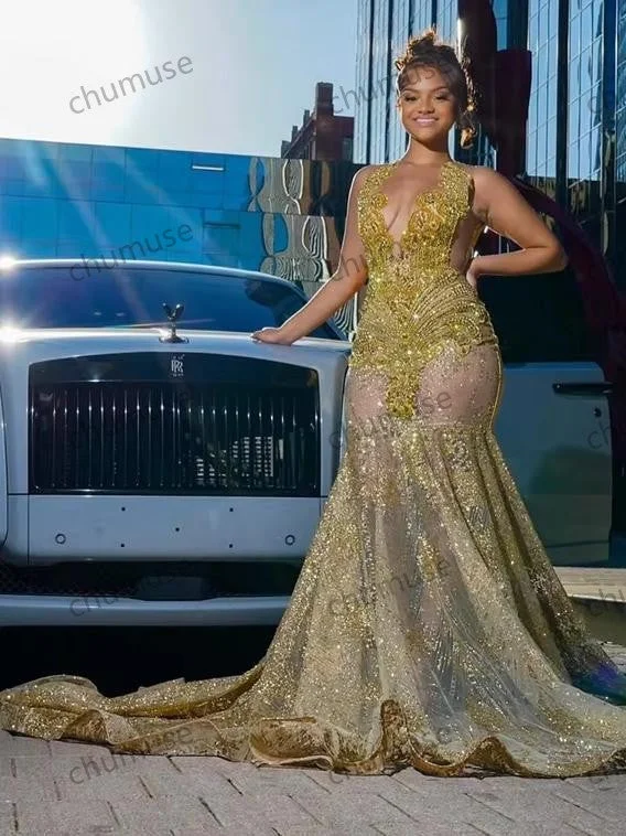 Peplum Hem DressGold O Neck Long Prom Dresses For Black Girls Beaded Crystal Rhinestone Birthday Luxury Dress Mermaid Graduation Gown Peplum Hem DressGold O Neck Long Prom Dresses For Black Girls Beaded Crystal Rhinestone Birthday Luxury Dress Mermaid Graduation Gown