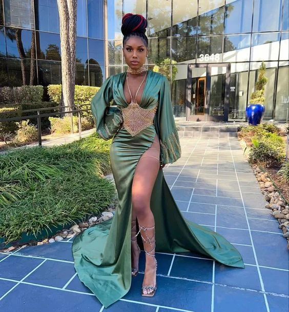 Tall Women DressGreen Mermaid Prom Dress With High Split Puff Sleeves Long Dress Y65 Tall Women DressGreen Mermaid Prom Dress With High Split Puff Sleeves Long Dress Y65
