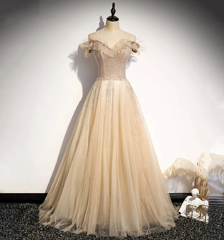 Laced-Up DressChampagne tulle beads long prom dress formal dress s73