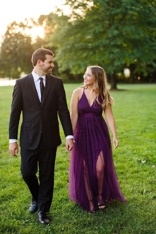 women's maximalist dressesA-line V Neck Purple Chiffon Prom Dress With Slit Sexy Bridesmaid Dress Y452