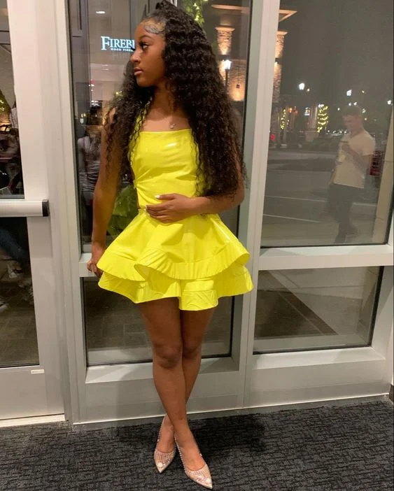 women's stretch dressesA-line Yellow Satin Short Homecoming Dress 8th Grade Prom  Y497