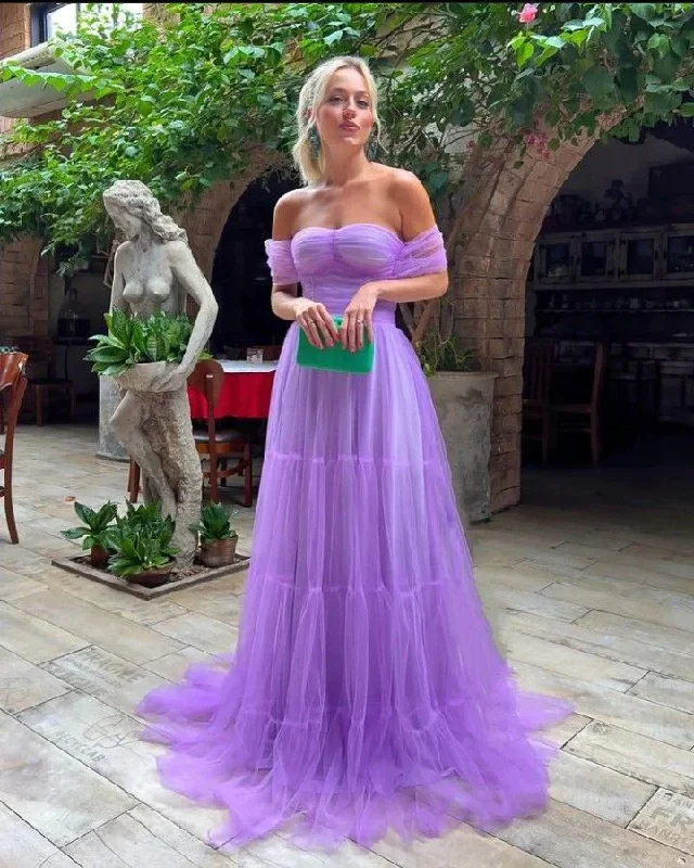 Cheetah Print DressA Line Purple Off the Shoulder Formal Evening Gowns Tulle Long Prom Dresses