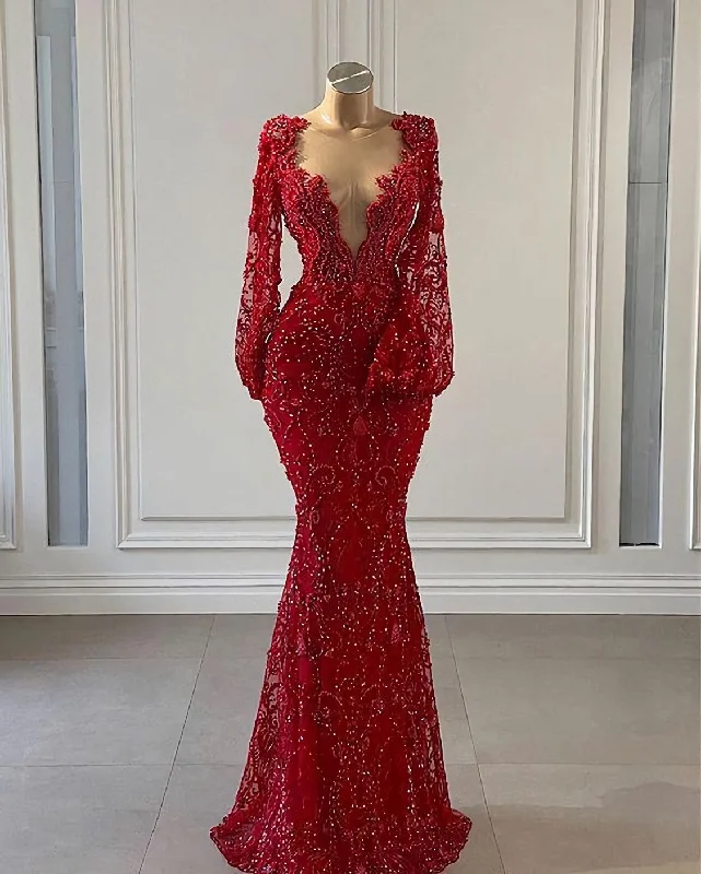 Velvet DressRed Prom Dress Long Prom Dresses Long Sleeve Lace Mermaid Evening Gowns