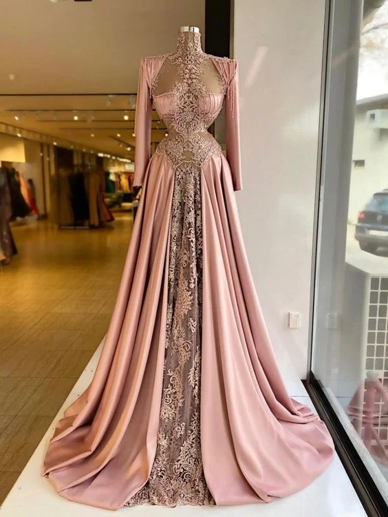 Designer DressHigh Neck Pink Evening Dresses Long Sleeve Lace Appliqued A Line Beaded Formal Prom Gowns Custom Made Plus Size Pageant Wear Designer DressHigh Neck Pink Evening Dresses Long Sleeve Lace Appliqued A Line Beaded Formal Prom Gowns Custom Made Plus Size Pageant Wear