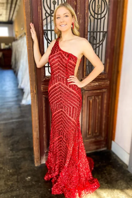 Button-Down DressMermaid One Shoulder Red/Hot Pink Long Prom Dress Y338