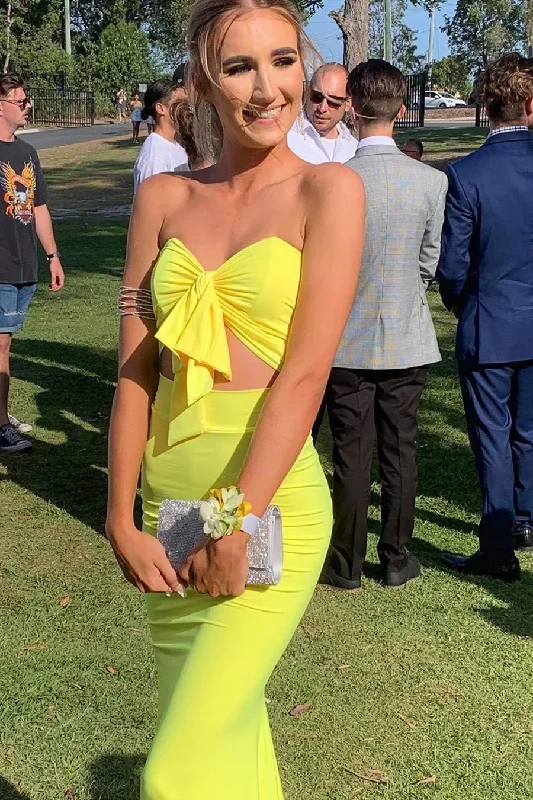 women's vacation dressesTwo Piece Sweetheart Mermaid Yellow Prom Dress Y491