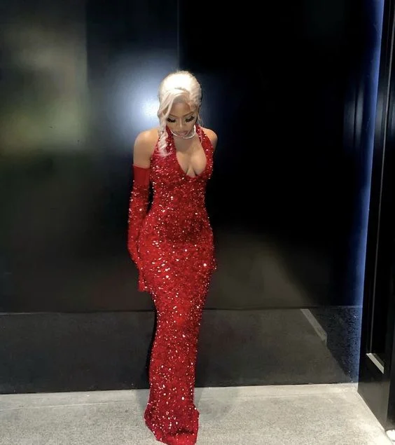 Petite DressRed Sequin Halter Prom Dress Mermaid Formal Dress Y64