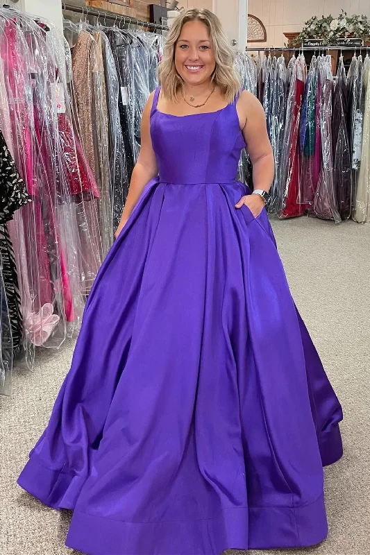 Evening DressSimple Purple A-line Long Prom Dress with Pockets Plus Size Y372