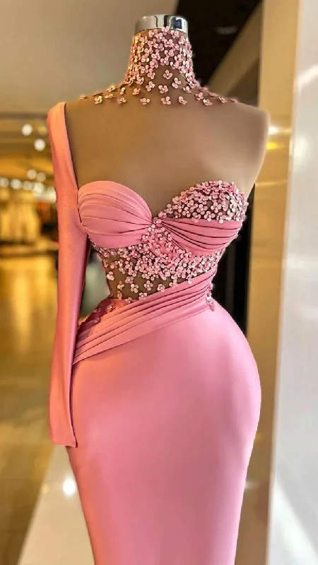 Asymmetric DressPink Mermaid Prom Dress One Sleeve Prom Dress Y73