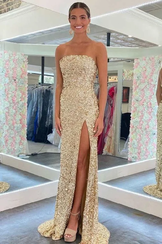Elegant DressGold Sequin Strapless Backless Mermaid Prom Dress Y48