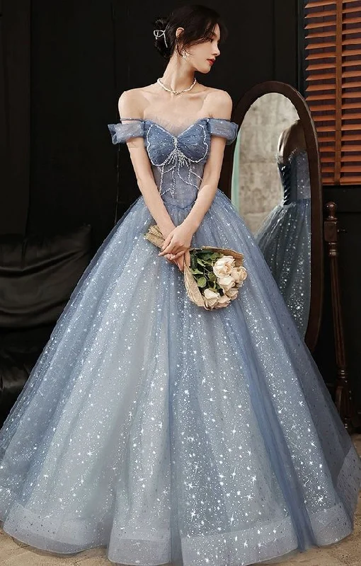 women's travel dressesBlue tulle beads long prom dress blue tulle lace sweet 16 dress Y484
