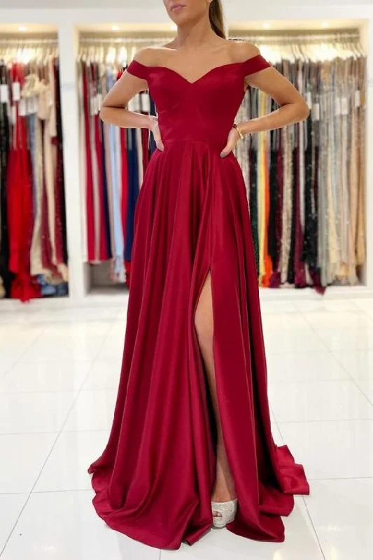 women's bodycon dressesOff-the-Shoulder Burgundy Prom Dress Long With Split Y505
