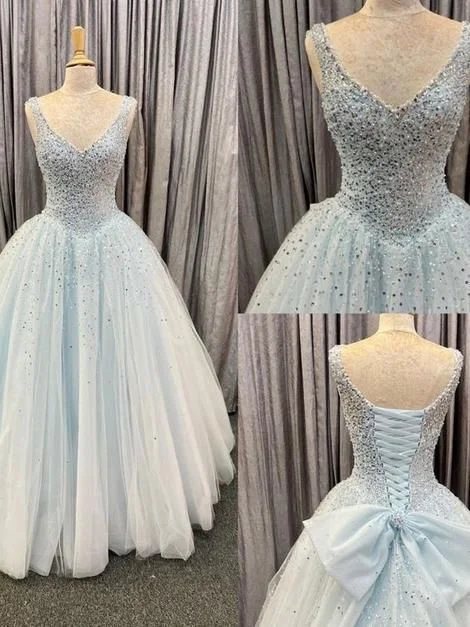 women's wedding guest dressesPrincess Light Blue Tulle Ball Gown prom dress S26929