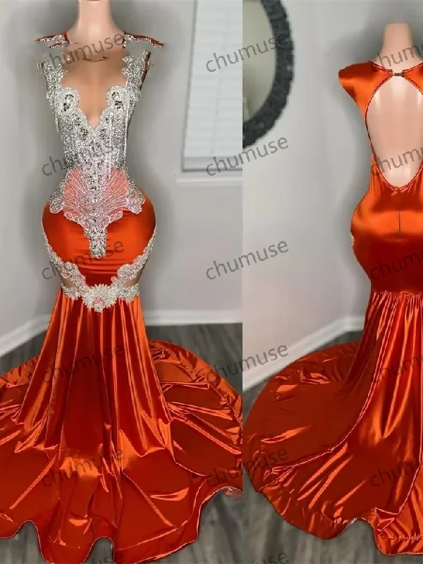 women's machine-washable dressesOrange Backless Prom Dresses Luxury Black Girls Silvery Beaded Rhinestones