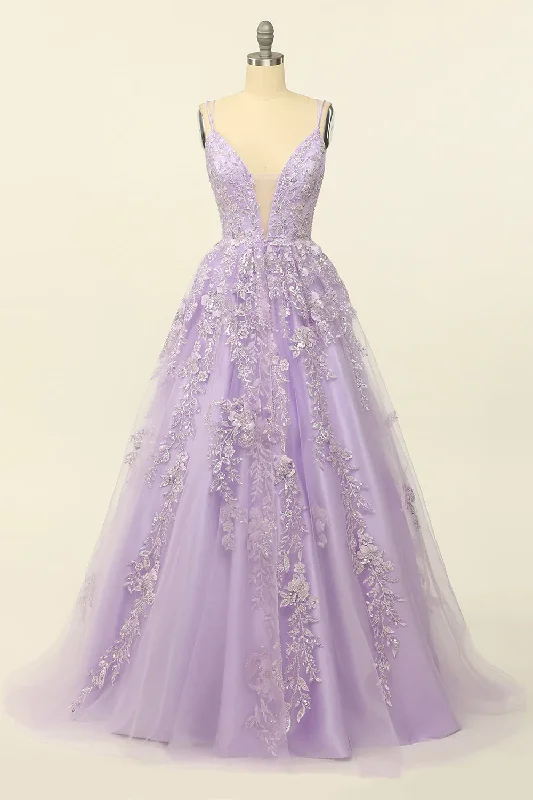 Bridesmaid DressGorgeous V-Neck Tulle Long Prom Dress with Lace Appliques Y33