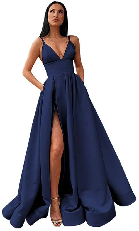 Formal DressV-Neck Slit Satin Long Prom Dress Spaghetti Strap Evening Ball Gown with Pockets S14431 Formal DressV-Neck Slit Satin Long Prom Dress Spaghetti Strap Evening Ball Gown with Pockets S14431