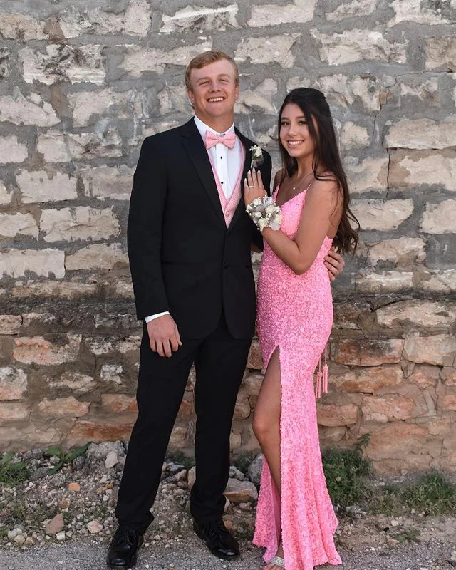 women's body-skimming dressesMermaid Pink Sequin Long Prom Dresses with Side Slit Y502