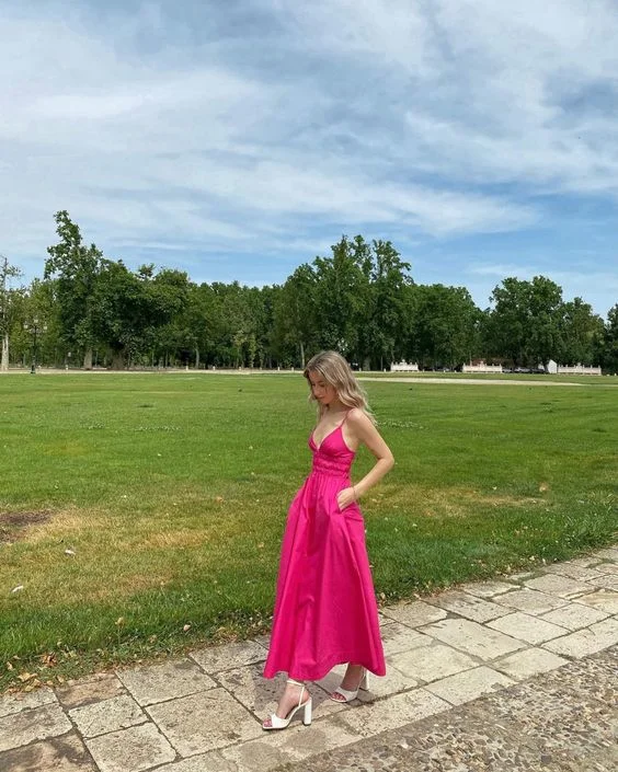 women's machine-washable dressesA-line V Neck Hot Pink Prom Dress Sleeveless Formal Dress Y436