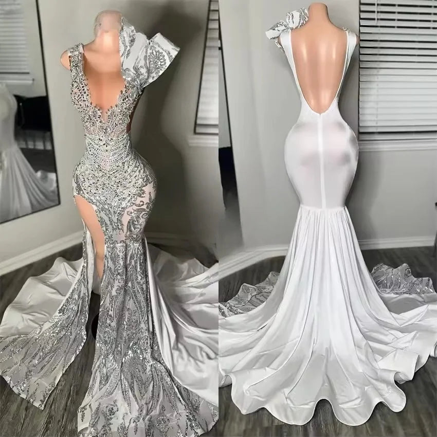 Off-The-Shoulder DressExquisite White Mermaid Long Prom Dresse Elegant Bead Sequins Diamonds Evening Robe Open Back Birthday Gowns Customized Off-The-Shoulder DressExquisite White Mermaid Long Prom Dresse Elegant Bead Sequins Diamonds Evening Robe Open Back Birthday Gowns Customized