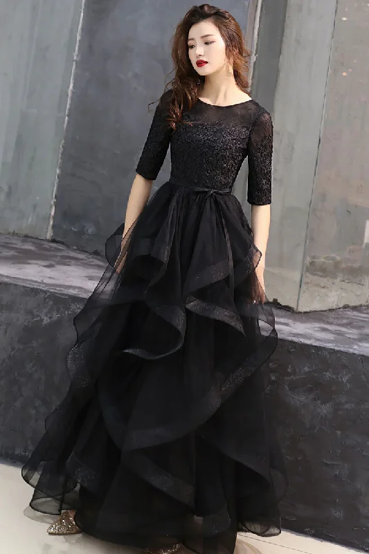 Asymmetric DressBlack round neck tulle lace long prom dress, black formal dress Y255 Asymmetric DressBlack round neck tulle lace long prom dress, black formal dress Y255