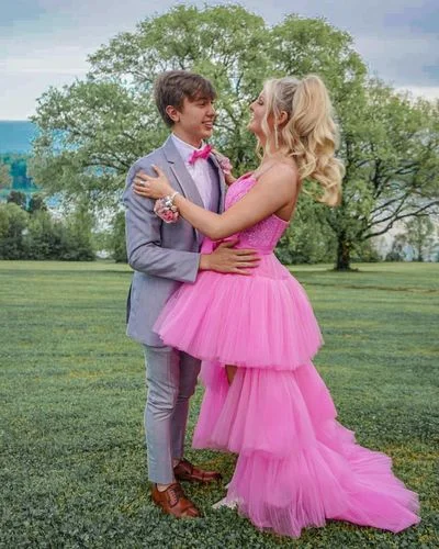 women's boho dressesHigh Low Hot Pink Tiered Prom Dress with Spaghetti Straps Y457