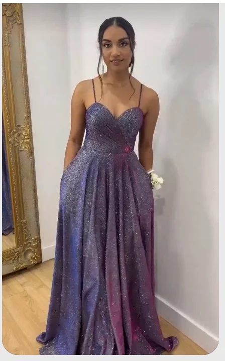 Shift DressSpaghetti Straps Sparkly Purple Ruched Prom Dress with Pockets Y341