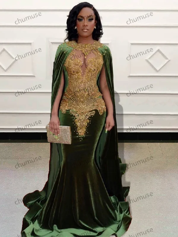 women's striped dressesCustom Made Mermaid Long Prom Dresses with Cape