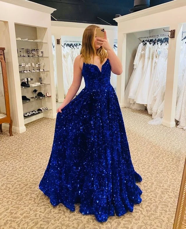 Mermaid DressSparkly V Neck Royal Blue Sequins Long Prom Dress Y356
