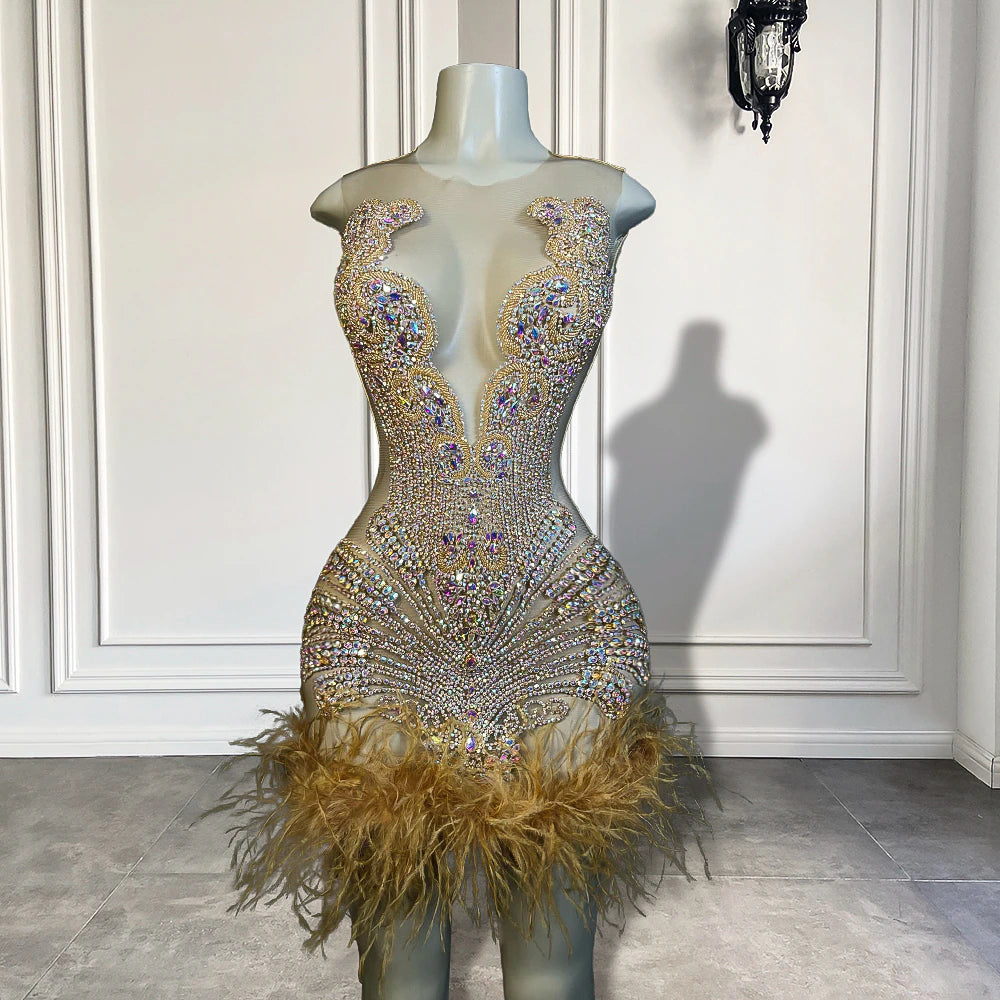 Polka-Dot DressStunning Sheer Mesh Sexy See Through Black Girl Short Prom Dresses Gold Sparkly Diamond Feather Women Formal Formal Gowns