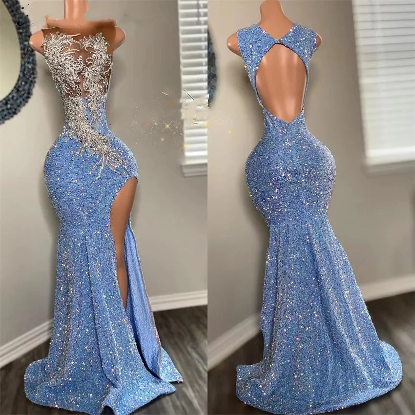 women's vacation dressesGlitter Blue Sequins Prom Dress Beading Crystal Side Split