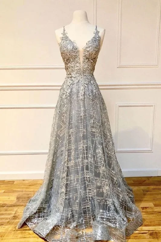 women's retro dressesA-line V Neck Lace Prom Dress  S17404