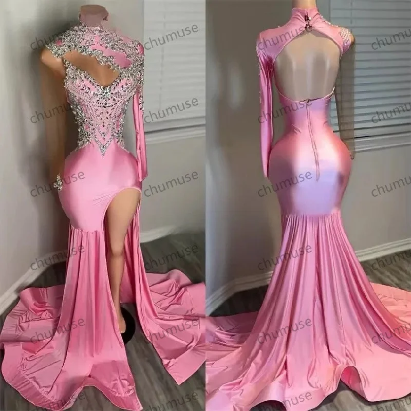 women's maternity dressesLuxury Pink Long Prom Dress Long Sleeves Evening Dresses Bead Crystals High Neck Birthday Dress Customized women's maternity dressesLuxury Pink Long Prom Dress Long Sleeves Evening Dresses Bead Crystals High Neck Birthday Dress Customized