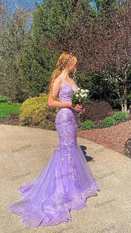 women's breathable dressesLavender Applique Mermaid Prom Dress With Cross Back