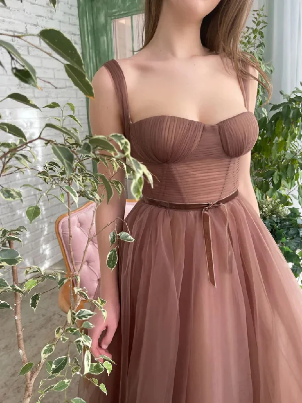 women's cocktail dressesBrown Tea Length Prom Dresses, Tea Length Brown Formal Homecoming Dresses Y228