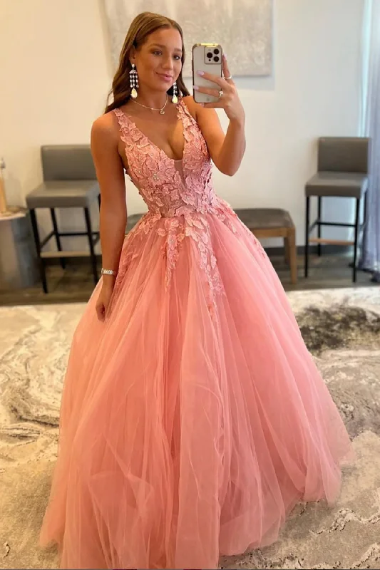 Party DressV Neck Open Back Beaded Pink Lace Long Prom Dresses, Pink Tulle Formal Dresses with Lace Appliques Y373