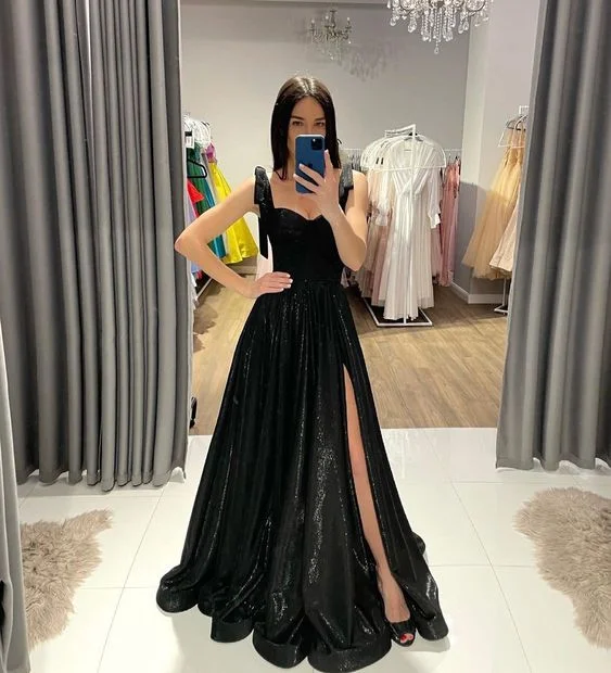 women's high-low dressesA-Line Black Long Prom Dress With Side Slit Y192