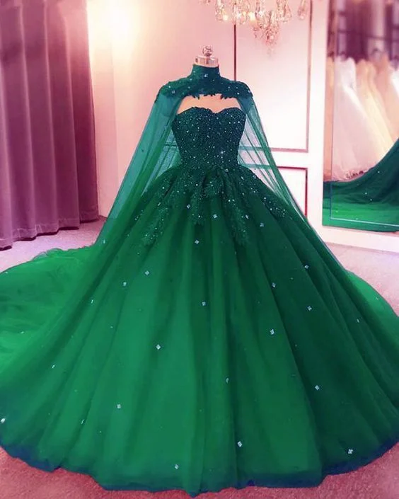 Ball Gown DressGreen Sweetheart Ball Gown Prom Dress With Cape S13179