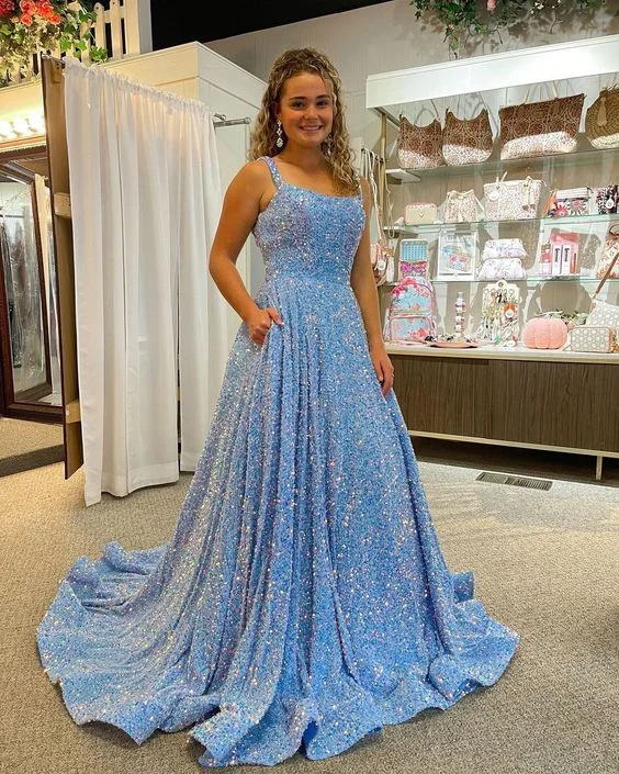 Trumpet DressSparkly A Line Square Neck Blue Sequins Long Prom Dresses With Pockets Y348