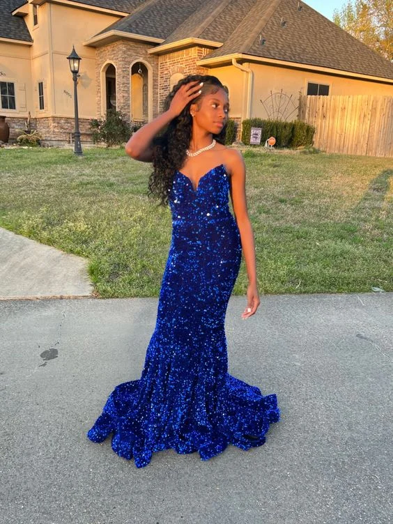 women's apple-shaped body dressesRoyal Blue Mermaid Sequins Prom Dress Graduation Dress Black Girls Prom 8th Grade Prom Y495