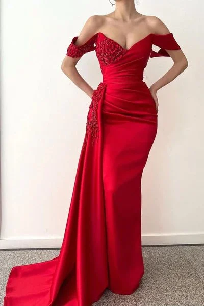 women's lace-up dressesOff-the-shoulder Burgundy Beaded Long Prom Dress with Half Train Y151