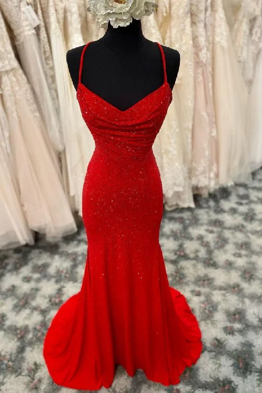 High-Neck DressMermaid Long Red Prom Dress with Rhinestones Y280