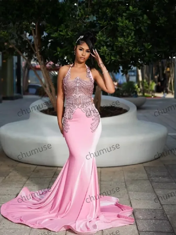 Casual DressPink Mermaid Prom Dress Beaded Rhinestone Birthday Dresses Black Girls